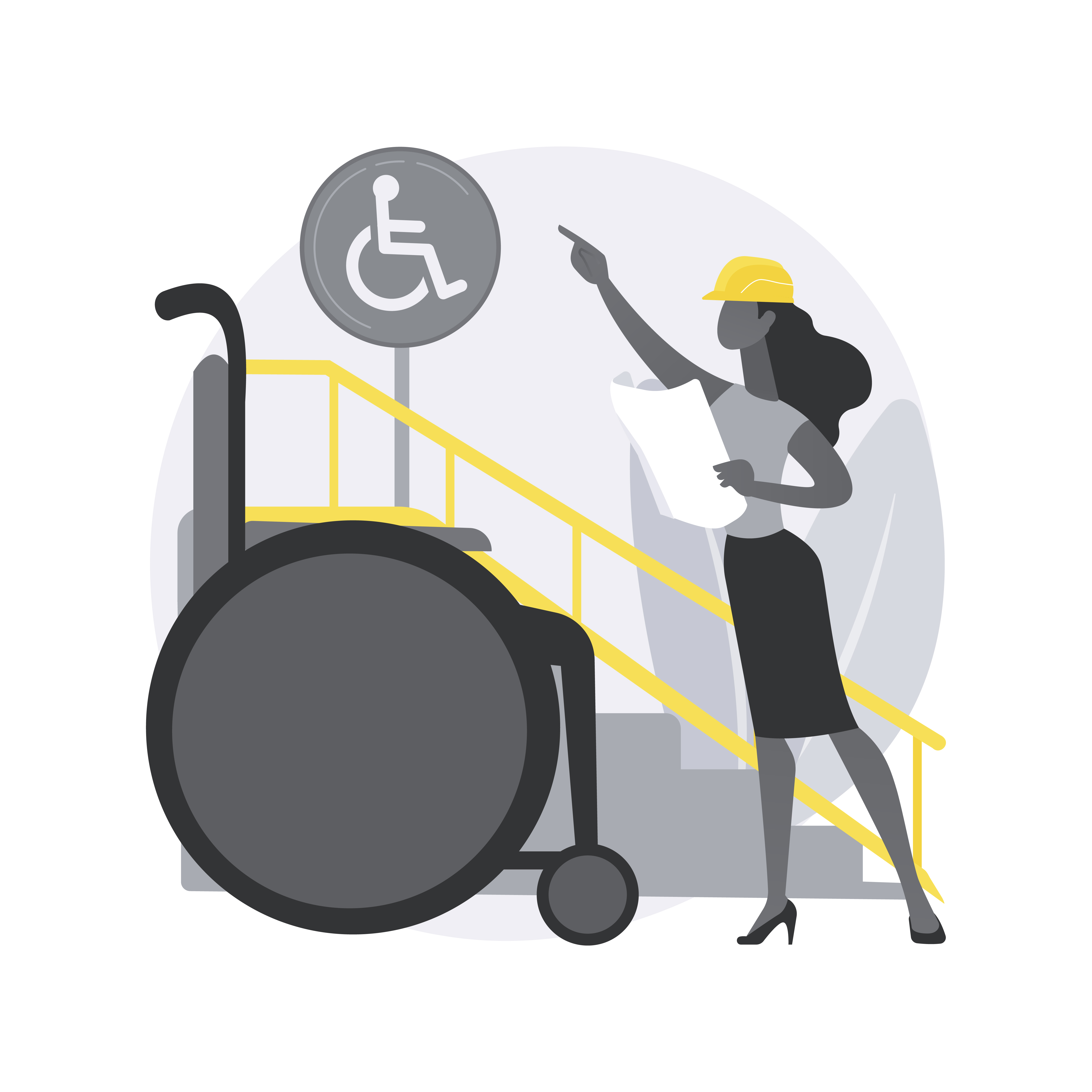 Illustration représentant une femme portant un casque de chantier, créant un aménageant pour adapter un escalier à un fauteuil roulant